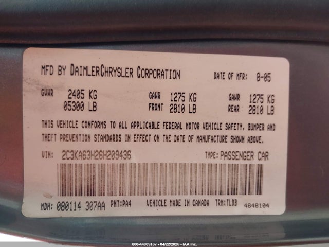 Продаж на аукціоні авто 2006 Chrysler 300c, vin: 2C3KA63H26H209436, номер лоту: 44909167