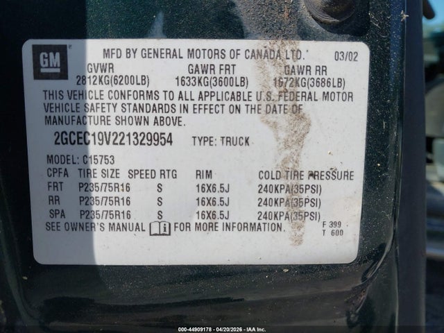 Aukcja sprzedaży 2002 Chevrolet Silverado 1500 Ls, vin: 2GCEC19V221329954, numer aukcji: 44909178