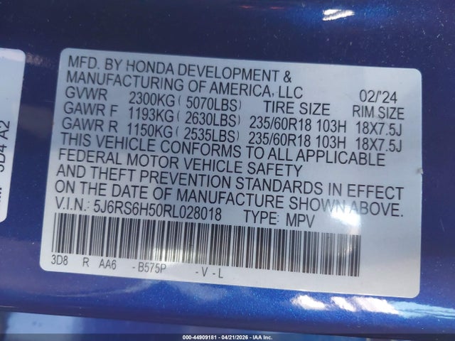 Aukcja sprzedaży 2024 Honda Cr-v Hybrid Sport, vin: 5J6RS6H50RL028018, numer aukcji: 44909181