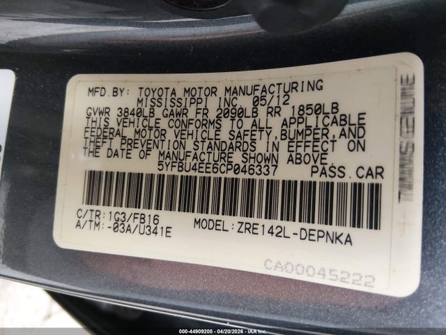 Aukcja sprzedaży 2012 Toyota Corolla Le, vin: 5YFBU4EE6CP046337, numer aukcji: 44909200