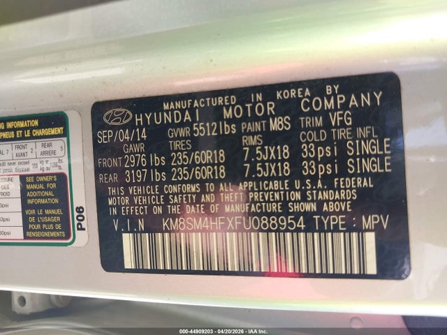 Продаж на аукціоні авто 2015 Hyundai Santa Fe Gls, vin: KM8SM4HFXFU088954, номер лоту: 44909203
