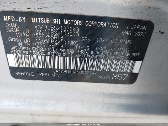 44909211 :رقم المزاد ، JA4APUAU8NU012142 vin ، 2022 Mitsubishi Outlander Sport 2.0 Be 2wd/2.0 Es 2wd/2.0 Le 2wd/2.0 S 2wd مزاد بيع