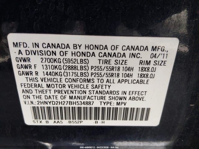 44909212 :رقم المزاد ، 2HNYD2H27BH534887 vin ، 2011 Acura Mdx مزاد بيع