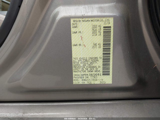 Продаж на аукціоні авто 2015 Nissan Altima 2.5 S, vin: 1N4AL3AP9FN365691, номер лоту: 44909257