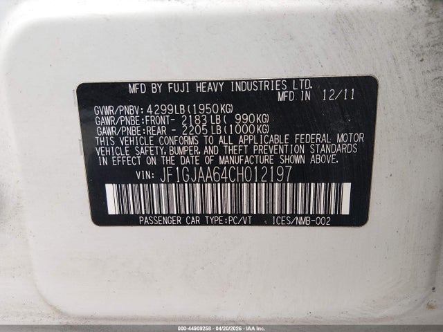 44909258 :رقم المزاد ، JF1GJAA64CH012197 vin ، 2012 Subaru Impreza 2.0i مزاد بيع