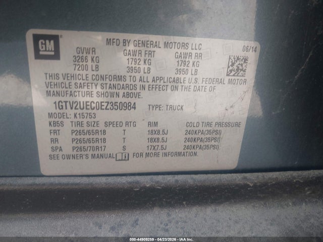 Aukcja sprzedaży 2014 Gmc Sierra 1500 Sle, vin: 1GTV2UEC0EZ350984, numer aukcji: 44909259