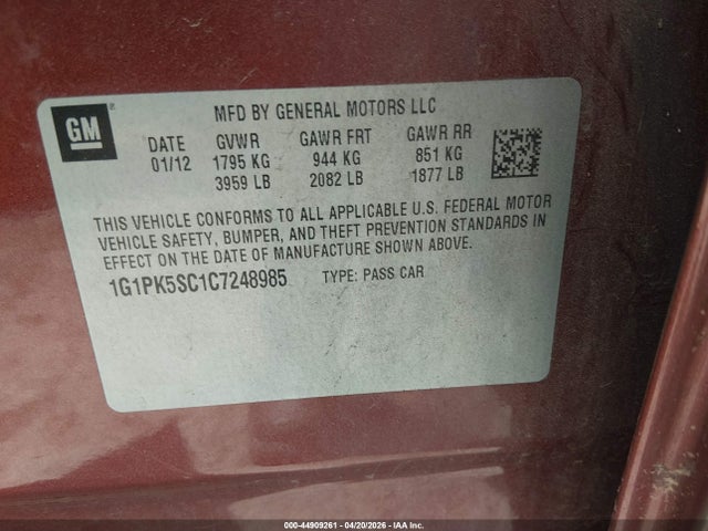 2012 CHEVROLET CRUZE 1G1PK5SC1C7248985 Photo 8