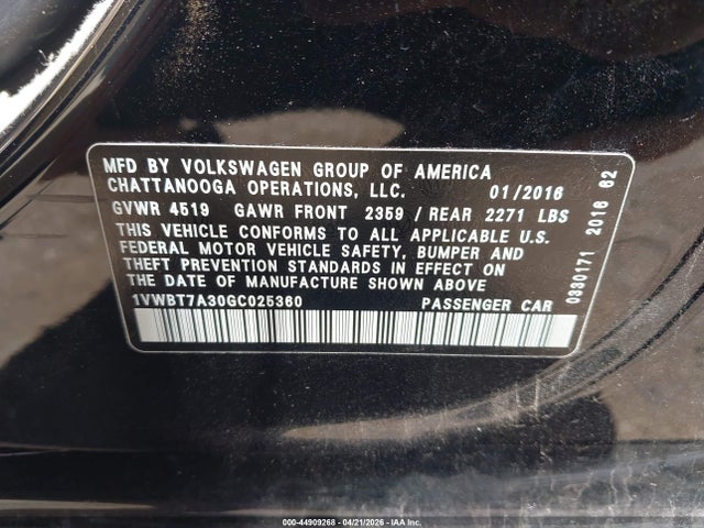 Продаж на аукціоні авто 2016 Volkswagen Passat 1.8t Se, vin: 1VWBT7A30GC025360, номер лоту: 44909268