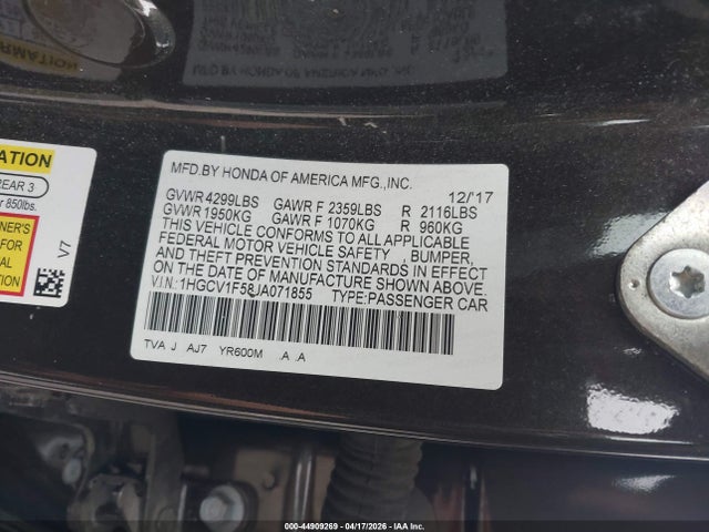 2018 Honda Accord Ex-l მანქანა იყიდება აუქციონზე, vin: 1HGCV1F58JA071855, აუქციონის ნომერი: 44909269