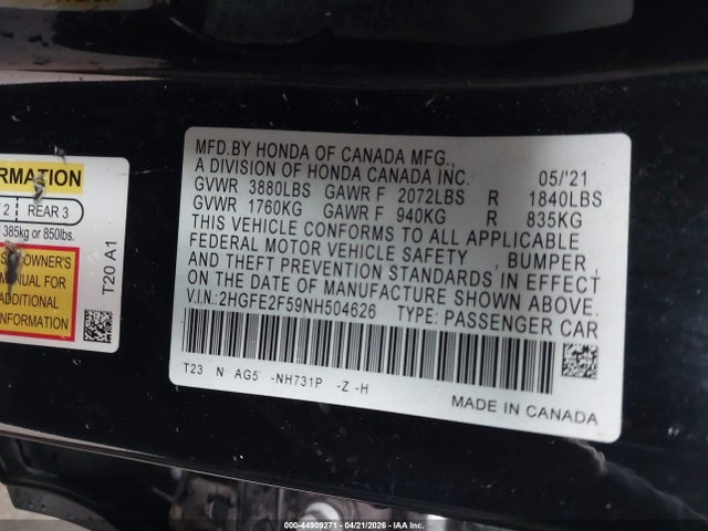 Продажа на аукционе авто 2022 Honda Civic Sport, vin: 2HGFE2F59NH504626, номер лота: 44909271