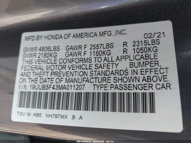 44909276 :رقم المزاد ، 19UUB5F43MA011207 vin ، 2021 Acura Tlx Technology Package مزاد بيع
