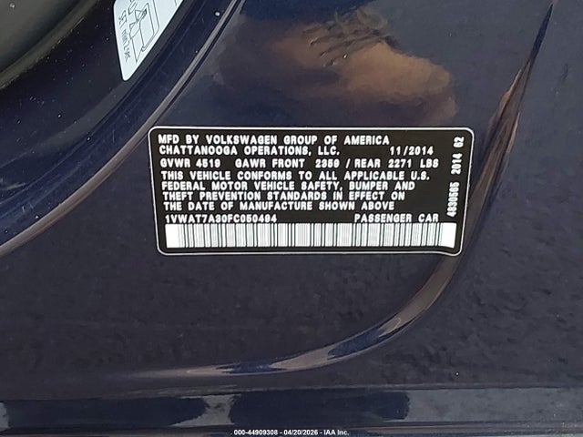 Aukcja sprzedaży 2015 Volkswagen Passat 1.8t Wolfsburg Edition, vin: 1VWAT7A30FC050494, numer aukcji: 44909308
