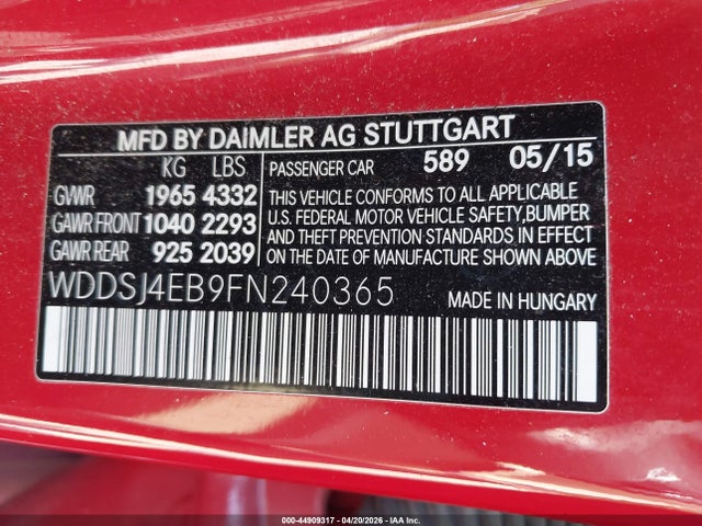 Продаж на аукціоні авто 2015 Mercedes-benz Cla 250, vin: WDDSJ4EB9FN240365, номер лоту: 44909317
