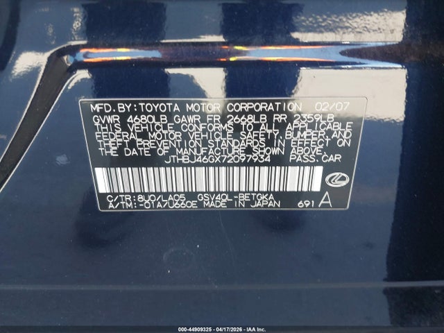 Продаж на аукціоні авто 2007 Lexus Es 350, vin: JTHBJ46GX72097934, номер лоту: 44909325