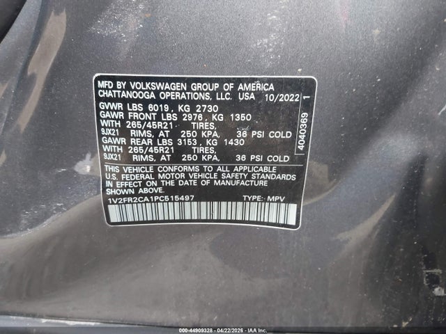 44909328 :رقم المزاد ، 1V2FR2CA1PC515497 vin ، 2023 Volkswagen Atlas 3.6l V6 Sel Premium R-line مزاد بيع