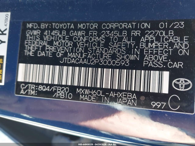 Продаж на аукціоні авто 2023 Toyota Prius Le, vin: JTDACAAU2P3000593, номер лоту: 44909329