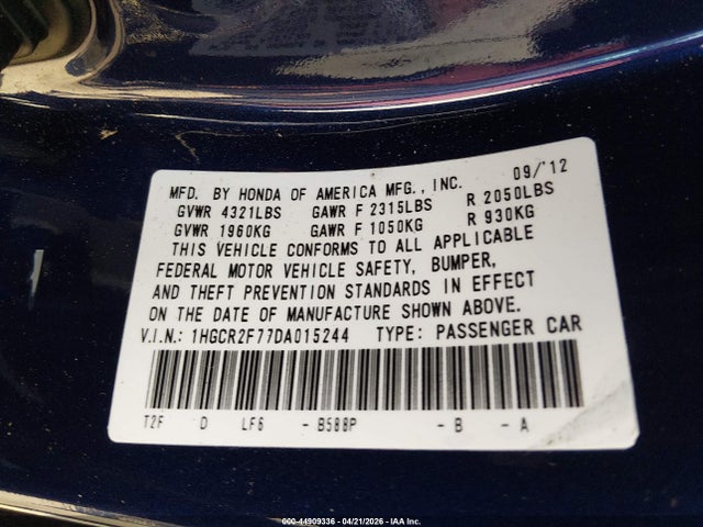 2013 Honda Accord Ex მანქანა იყიდება აუქციონზე, vin: 1HGCR2F77DA015244, აუქციონის ნომერი: 44909336