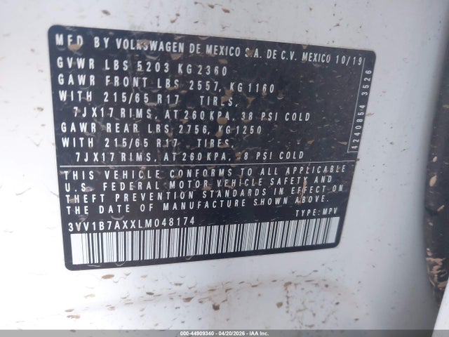 Aukcja sprzedaży 2020 Volkswagen Tiguan 2.0t S, vin: 3VV1B7AXXLM048174, numer aukcji: 44909340