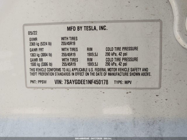 Продаж на аукціоні авто 2022 Tesla Model Y Long Range Dual Motor All-wheel Drive, vin: 7SAYGDEE1NF450178, номер лоту: 44909348