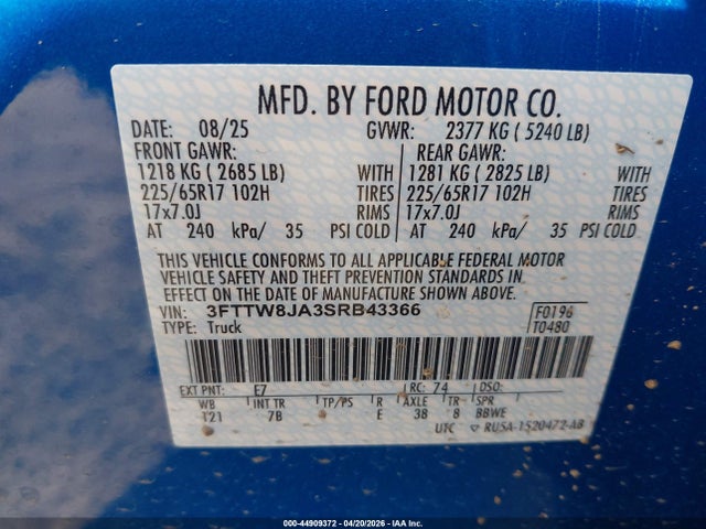 Aukcja sprzedaży 2025 Ford Maverick Xlt, vin: 3FTTW8JA3SRB43366, numer aukcji: 44909372