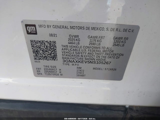 Продажа на аукционе авто 2022 Chevrolet Equinox Fwd Lt, vin: 3GNAXKEV5NS105267, номер лота: 44909388