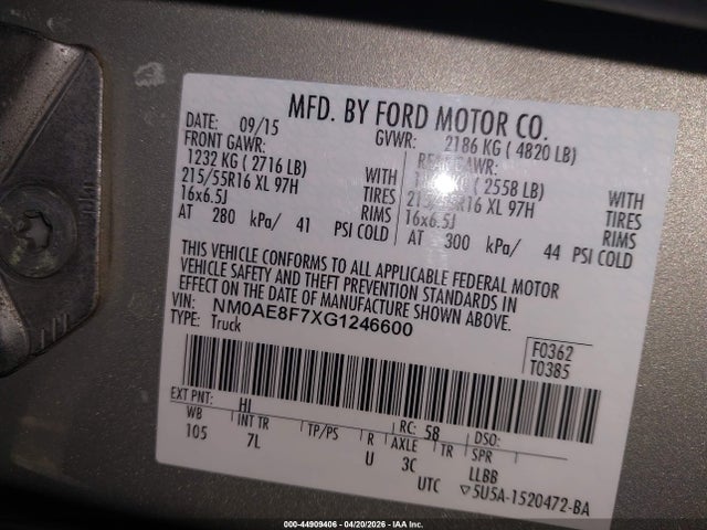 Продажа на аукционе авто 2016 Ford Transit Connect Xlt, vin: NM0AE8F7XG1246600, номер лота: 44909406