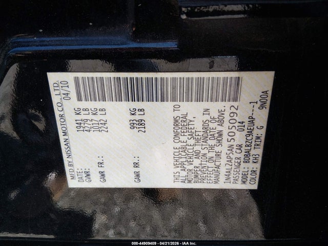 44909409 :رقم المزاد ، 1N4AL2AP5AN505092 vin ، 2010 Nissan Altima 2.5 S مزاد بيع