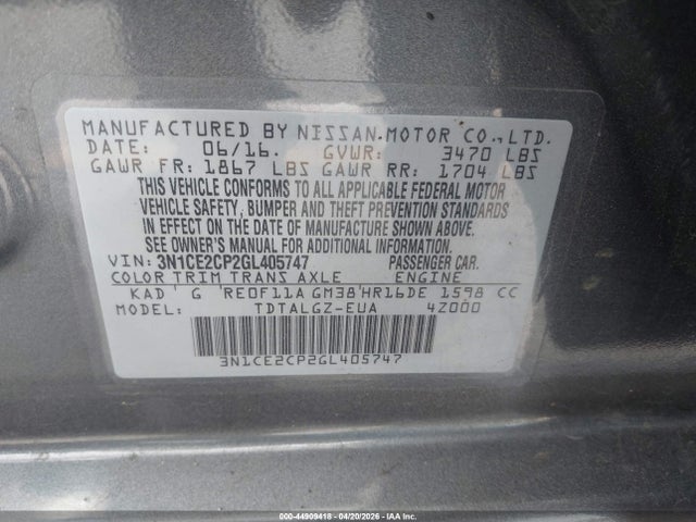 3N1CE2CP2GL405747 Nissan Versa Note Sr