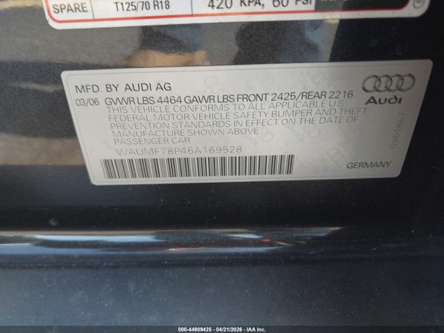 44909425 :رقم المزاد ، WAUMF78P46A169528 vin ، 2006 Audi A3 2.0t مزاد بيع