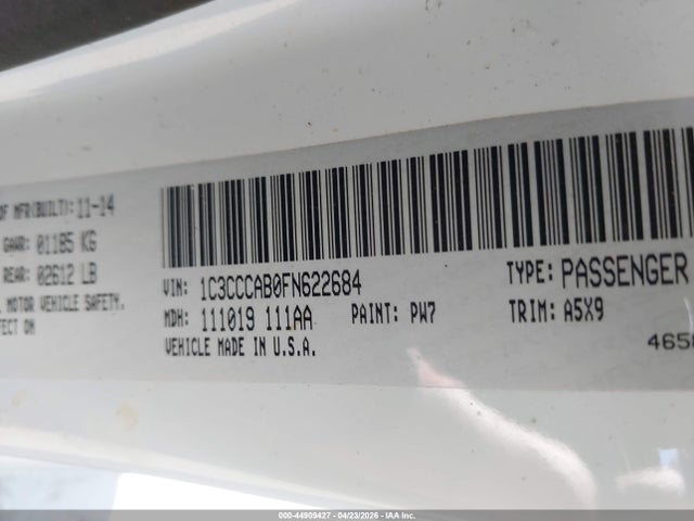 44909427 :رقم المزاد ، 1C3CCCAB0FN622684 vin ، 2015 Chrysler 200 Limited مزاد بيع