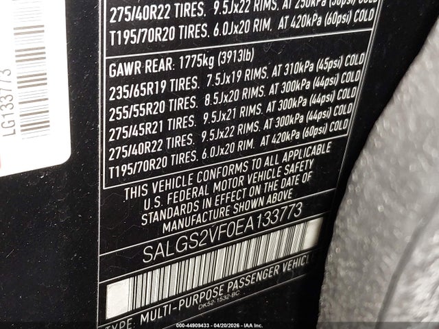 44909433 :رقم المزاد ، SALGS2VF0EA133773 vin ، 2014 Land Rover Range Rover 3.0l V6 Supercharged Hse مزاد بيع