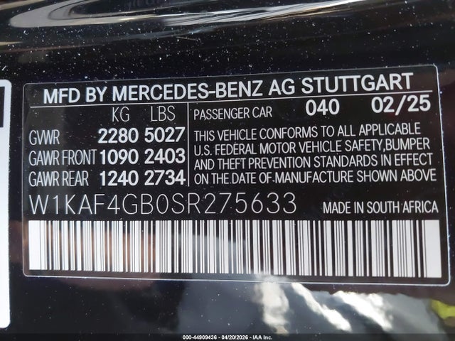 Продаж на аукціоні авто 2025 Mercedes-benz C 300, vin: W1KAF4GB0SR275633, номер лоту: 44909436