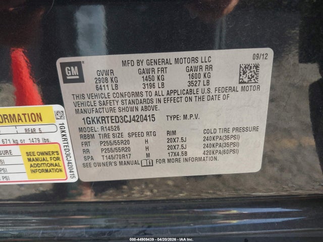Продаж на аукціоні авто 2012 Gmc Acadia Denali, vin: 1GKKRTED3CJ420415, номер лоту: 44909439