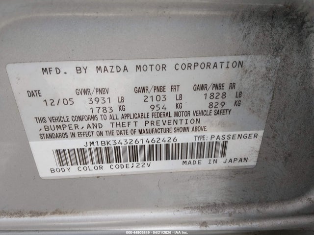 2006 Mazda Mazda3 S Touring მანქანა იყიდება აუქციონზე, vin: JM1BK343261462426, აუქციონის ნომერი: 44909449