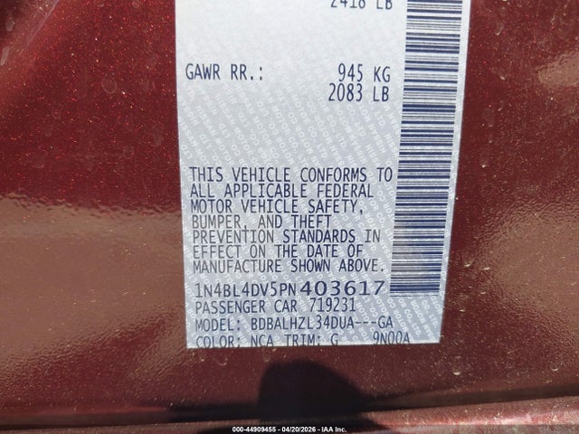 1N4BL4DV5PN403617 Nissan Altima Sv Fwd