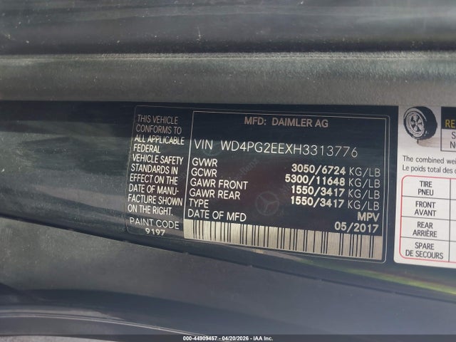2017 Mercedes-benz Metris მანქანა იყიდება აუქციონზე, vin: WD4PG2EEXH3313776, აუქციონის ნომერი: 44909457