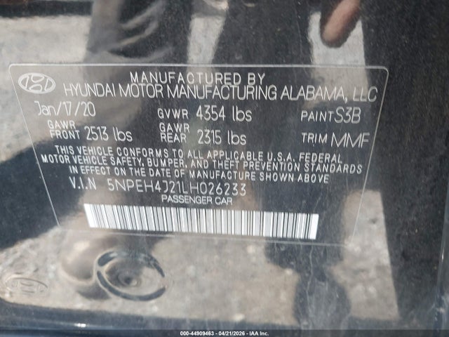 2020 Hyundai Sonata Limited მანქანა იყიდება აუქციონზე, vin: 5NPEH4J21LH026233, აუქციონის ნომერი: 44909463