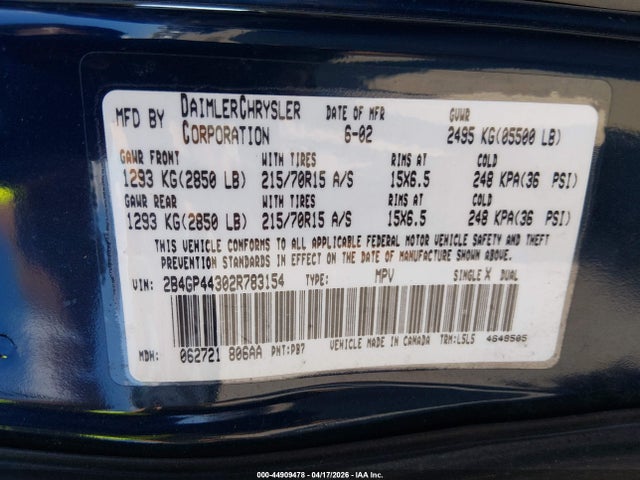 Aukcja sprzedaży 2002 Dodge Grand Caravan Sport, vin: 2B4GP44302R783154, numer aukcji: 44909478