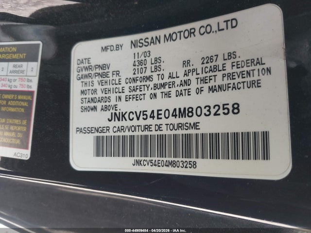 Aukcja sprzedaży 2004 Infiniti G35, vin: JNKCV54E04M803258, numer aukcji: 44909484