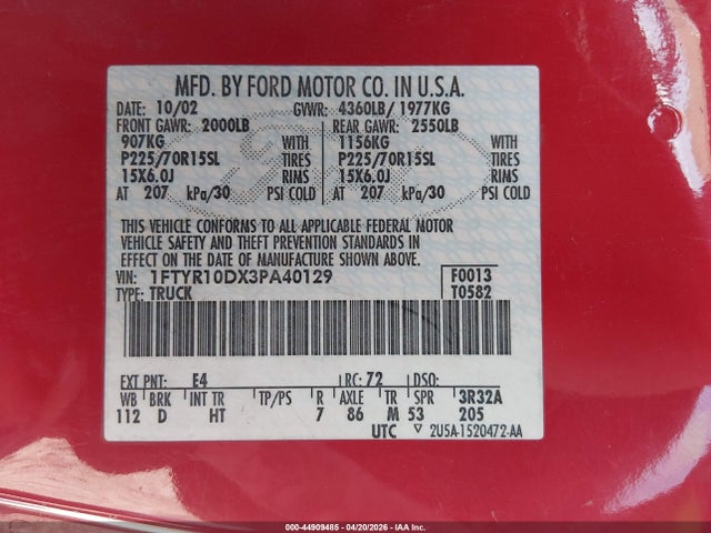 Aukcja sprzedaży 2003 Ford Ranger Xl/xlt, vin: 1FTYR10DX3PA40129, numer aukcji: 44909485