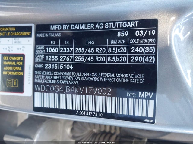 44909490 :رقم المزاد ، WDC0G4JB4KV179002 vin ، 2019 Mercedes-benz Glc 300 مزاد بيع