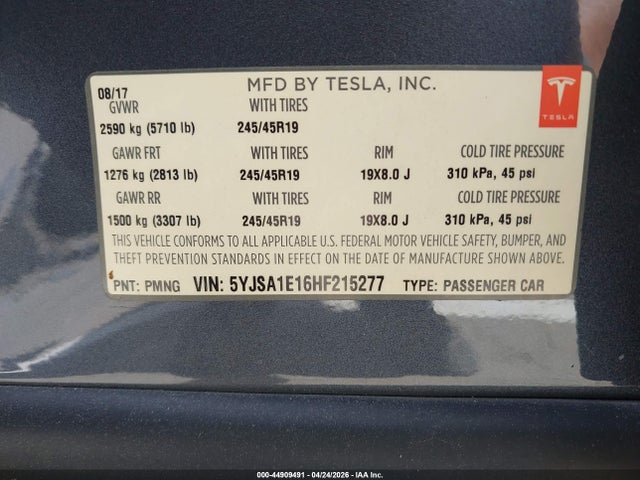 Продаж на аукціоні авто 2017 Tesla Model S 60/75, vin: 5YJSA1E16HF215277, номер лоту: 44909491