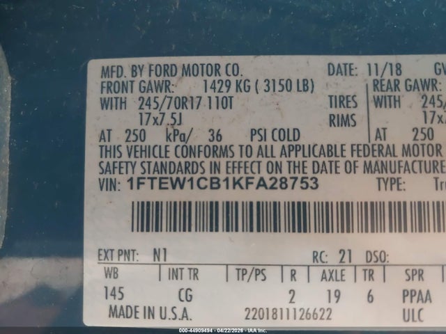 Продажа на аукционе авто 2019 Ford F-150 Xl, vin: 1FTEW1CB1KFA28753, номер лота: 44909494