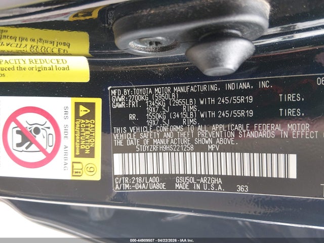 44909507 :رقم المزاد ، 5TDYZRFH9HS221258 vin ، 2017 Toyota Highlander Limited مزاد بيع
