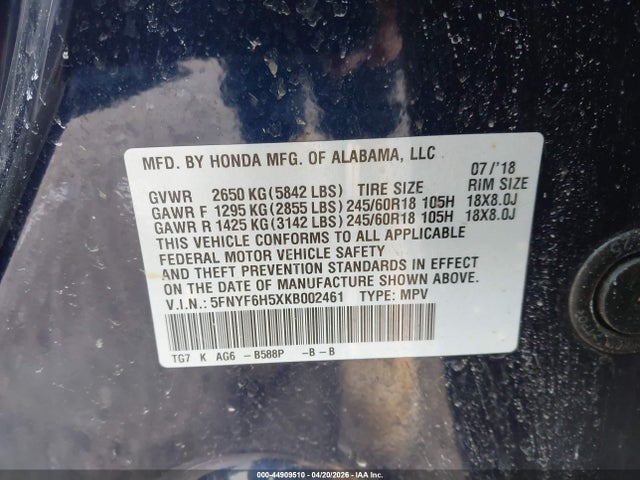 44909510 :رقم المزاد ، 5FNYF6H5XKB002461 vin ، 2019 Honda Pilot Ex-l مزاد بيع