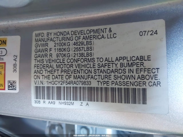 1HGCY2F54RA079833 Honda Accord Hybrid Sport