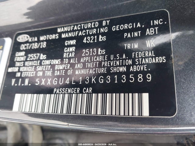 44909524 :رقم المزاد ، 5XXGU4L13KG313589 vin ، 2019 Kia Optima Ex مزاد بيع
