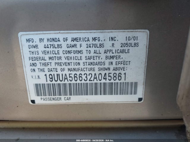 Aukcja sprzedaży 2002 Acura Tl 3.2, vin: 19UUA56632A045861, numer aukcji: 44909535