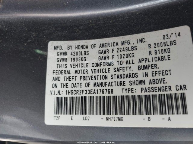 2014 Honda Accord Lx მანქანა იყიდება აუქციონზე, vin: 1HGCR2F33EA176768, აუქციონის ნომერი: 44909536