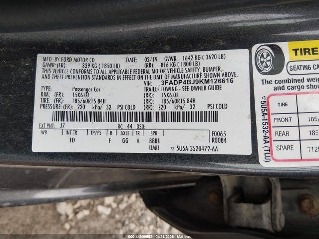 Продажа на аукционе авто 2019 Ford Fiesta Se, vin: 3FADP4BJ9KM126616, номер лота: 44909552